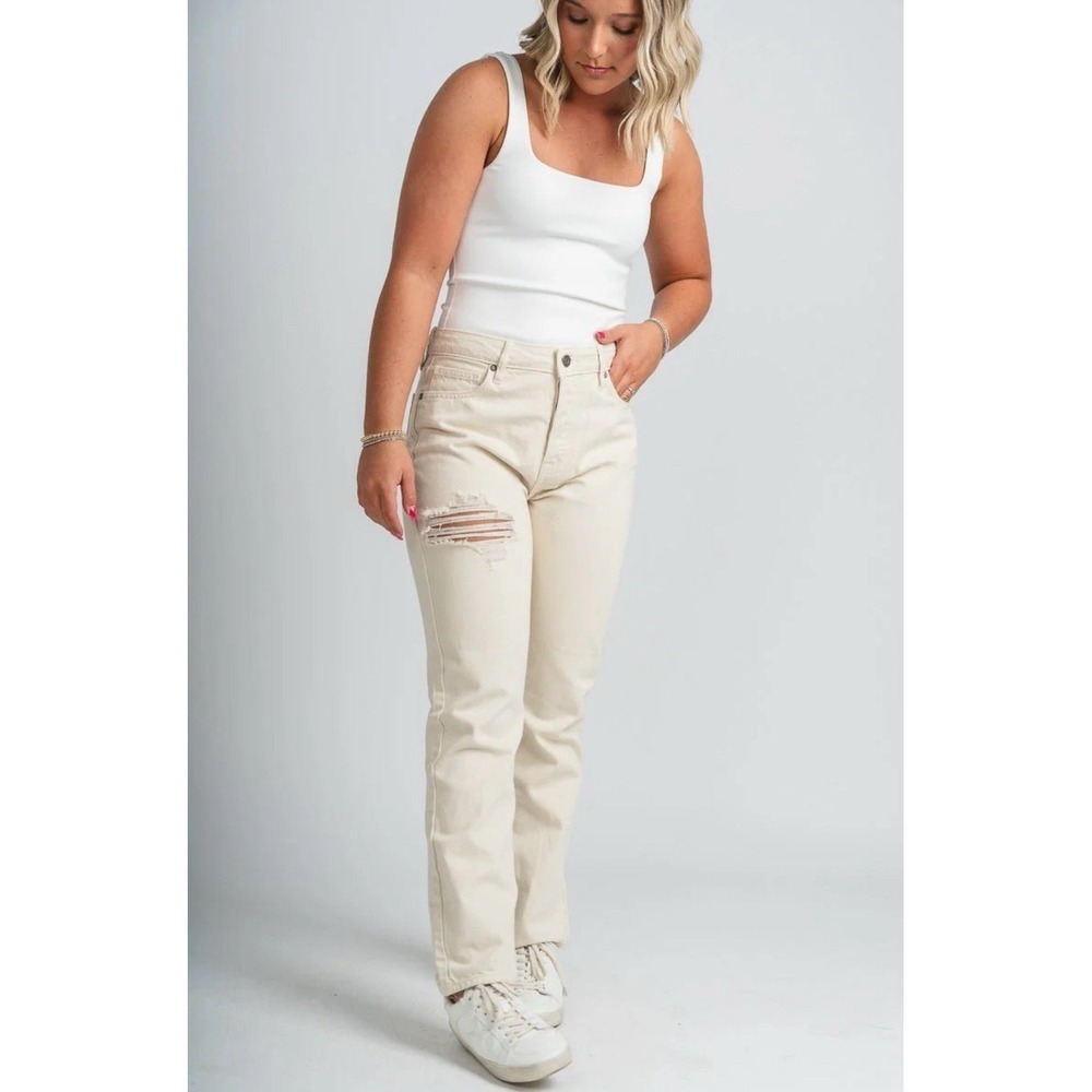 HIDDEN HIGH RISE STRAIGHT LEG JEANS CREAM  SIZE 29 DISTRESSED